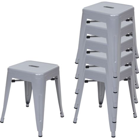 [NUNCA USADO] Lote de 6 taburetes HHG-895, taburete de metal asiento taburete, metal diseño industrial apilable, gris