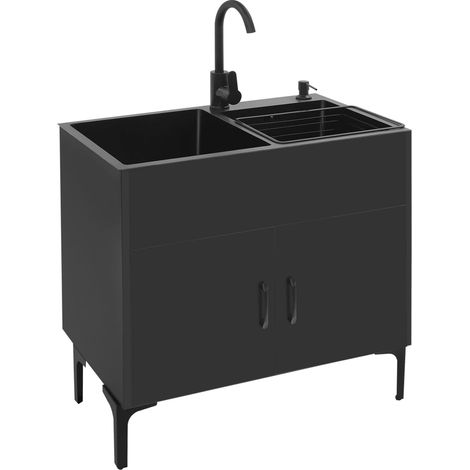 Laundry Sink - Double lavabo 75 × 41 cm avec mitigeur noir - Pour cave, atelier et garage - Avec meuble bas - Pour maison et loisirs (noir)
