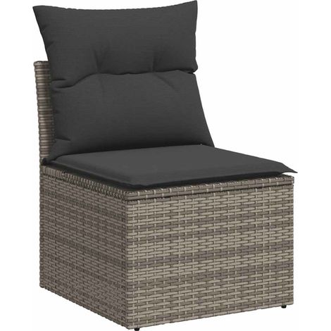 Gartenstuhl ohne Armlehnen mit grauen Polstern aus Poly-Rattan