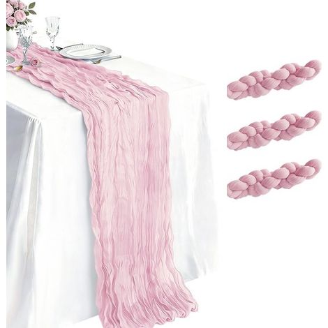 Lot de 3 chemins de table en mousseline 55 x 300 cm, nappes décoratives effet gaze, style bohème romantique pour mariage, dîner et fête, rose clair (1/5)