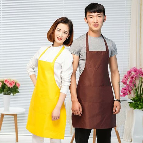 Tablier de cuisine unie marron, polyester doux, poches doubles, bretelle dorsale, tablier de chef pour maison (1/5)
