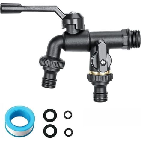 Répartiteur de robinet, Noire Robinet Entrée 3/4 avec 2 sorties 3/4", Robinet de Jardin Double Sorties pour Jardin, Citerne de Pluie, Machine à Laver (1/4)