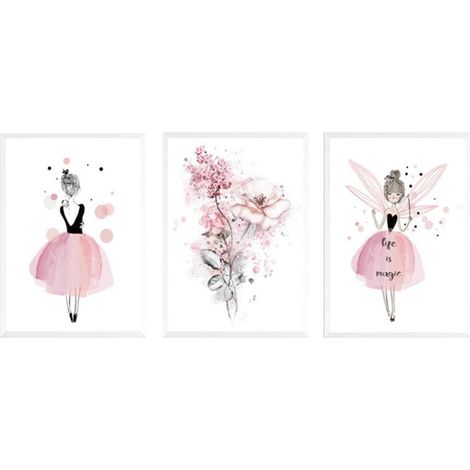 Lot de 3 Affiches 30x40 Fille Chambre d'enfant Rose Tableaux Décorations Murales Peinture sur Toile Cadeaux Anniversaire NPTWC003-M