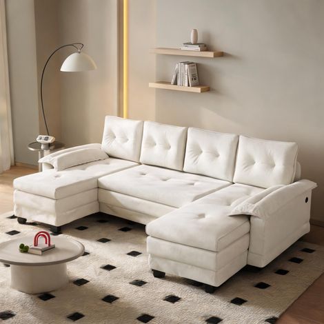 Canapé convertible modulaire en U beige en chenille (1/5)