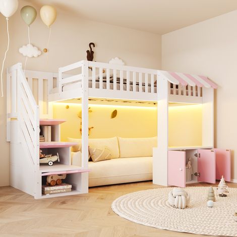 Letto a soppalco per bambini 90x200 cm con scala contenitore, illuminazione LED multicolore, rete a doghe, legno rosa/bianco (1/5)