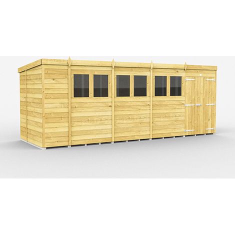 19 x 7 Feet Pent Shed - Double Door With Windows - Wood - L214 x W560 x H201 cm
