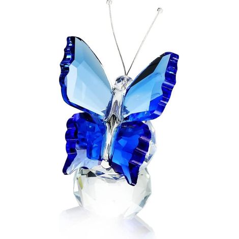 Crystal Flying Butterfly with Crystal Ball Base Figurine Collection Cut Glass Ornament Statue Animal Collectible (Blue) (1/5)