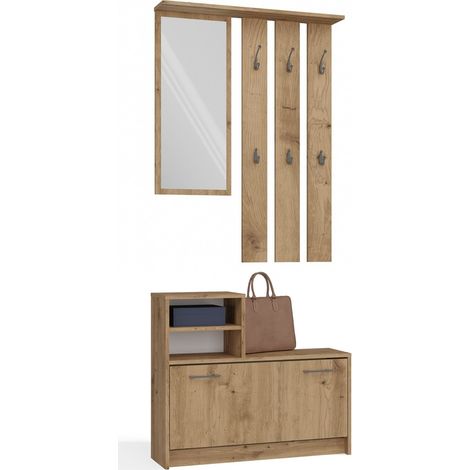 Praktisches Flur-Set aus Eichenholz: Garderobenständer mit Spiegel und Schuhschrank – Funktionale Garderobe für den Flur (1/5)