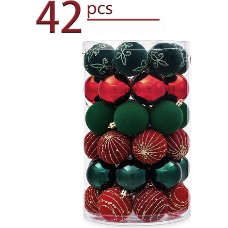 Set boules de Noël 42 unités 6 cm, rouge et vert, pot transparent PVC, décoration festive (1/5)