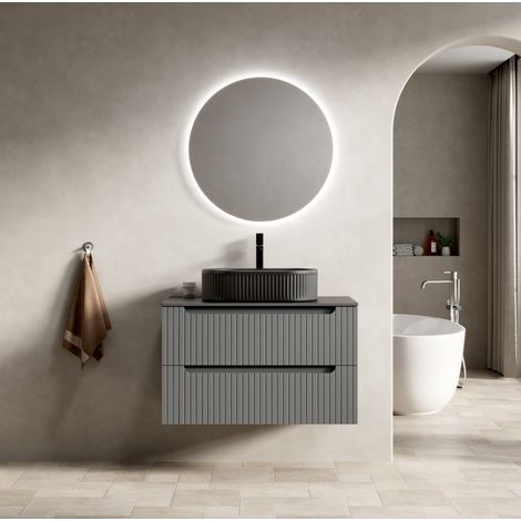 Mueble de baño suspendido 80 cm negro con lavabo ovalado, encimera de piedra y 2 cajones (1/5)