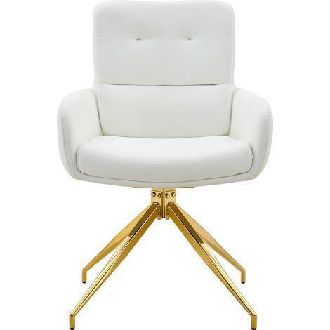 Ensemble table et chaises pour 4 personnes, table ronde en verre trempé de 85 cm, fauteuils blancs et dorés pivotants (1/5)