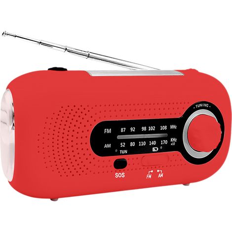 Radio solaire à manivelle avec alarme SOS, radio AM/FM d'urgence, batterie rechargeable, 4 modes, lampe torche, prise casque et port USB pour le camping et la randonnée. (1/5)