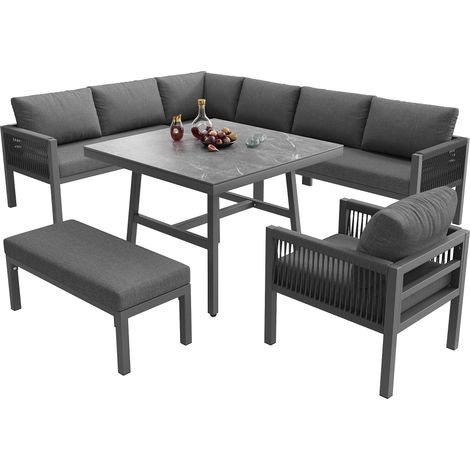 8-Sitzer Gartenmöbel aus Metall mit Tisch, 2 Sofas, Sesseln, Bank und dicken Kissen, Grau