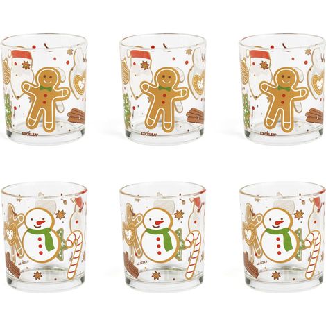 Lot de 6 verres à eau, verre décoré de Noël, bonhomme de neige et biscuit gingembre, 250 ml, 7,5 x 8,5 cm (1/4)