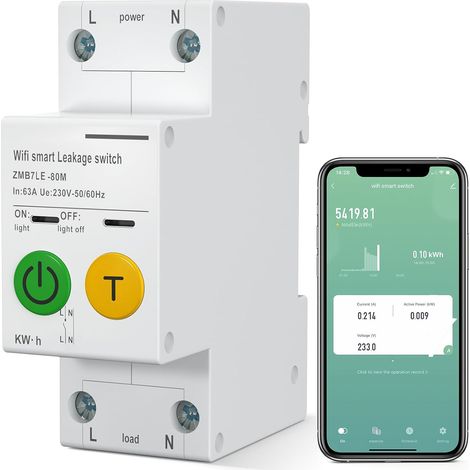 WIFI Energy Monitor, Smart Circuit Breaker, Dispositif de protection contre les fuites 100 mA AC 220 V 63 A 1P+N DIN Rail Switching Power Consumption Monitor, Smart Life APP Remote Control