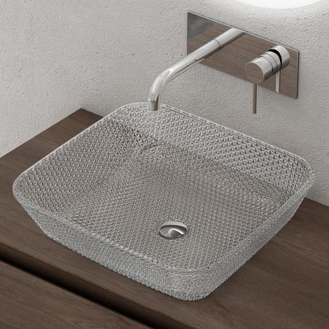 doporro Lavabo à Poser Vasque en Verre Transparent Lave Mains Carré de Salle de Bains Petit Lave-Mains pour WC 40x40x11 cm Minerva03 (1/5)