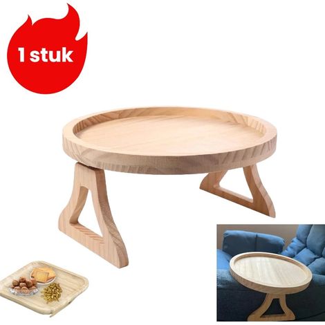 Plateau pliable rond pour accoudoir de canapé avec clip de fixation et surface effet bois (1/5)