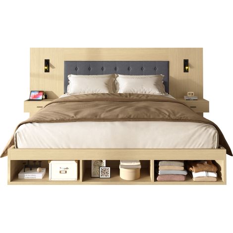 Lit coffre double 180x200cm-2 tables de chevet-2 lampes de lecture orientables-usb type c-rangements-sans matelas-mdf -chêne clair (1/5)