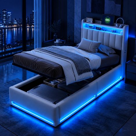 FOERPL-Lit 90 x 200 avec sommier, Lit Coffre 90x200 cm avec LED et USB lit double 90x200 avec tête de lit avec Rangement, Lit adulte avec à Lattes Lit 2 Personnes Lits rembourrés