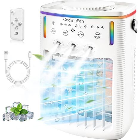 Climatiseur portable silencieux 1000ml ventilateur brumisateur télécommande LED chambre bureau,Blanc (1/5)