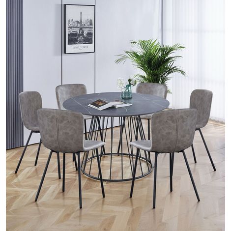 Hallowood Furniture Cullompton Large Dining Table and Chairs Set 6, Grey Marble Effect Round Table with 6 Taupe Leather Effect Chairs, Modern Kitchen Set for Home, Apartments and Cafe (1/5)