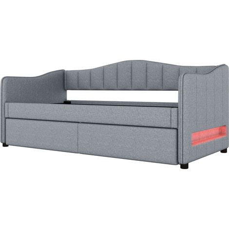Lit simple 90x200 cm lin gris avec lit gigogne, led, canapé-lit, sans matelas (1/5)