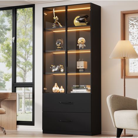 Vitrine LED 60x40x160 cm avec 2 tiroirs, portes en verre trempé à fermeture douce, meuble de rangement - noir (1/5)