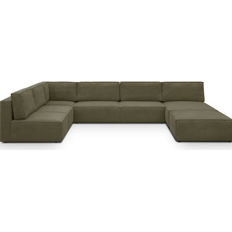 Canapé d'angle à gauche panoramique modulable convertible 10 places avec pouf en velours côtelé vert kaki - Harper Mod (1/5)