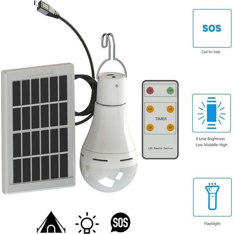 Solaire alimenté Ampoule Led - Portable USB Charge Lantern Lampe Spotlight Intérieur Bureau Cuisine Lecture avec Panneau Solaire pour Randonnée En Plein Air Camping Tente Pêche éclairage (B) (1/5)