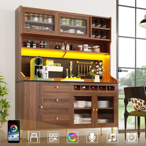 Hochschränke fürs Wohnzimmer, Küchenschrank,Esszimmerschrank,Wohnzimmer-Schrank mit verstellbaren Einlegeböden, Schränke mit LED-Beleuchtung, Schublade mit Weinregal,145×39×171cm, Walnussfarbe