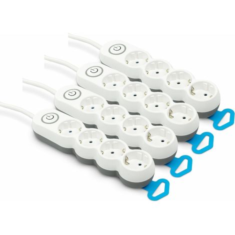 Pack de 4 Bases múltiples Garza con 4 enchufes, Cable de 1.4 Metros, Enchufe Plano, con Interruptor, Protección Infantil, Blanco