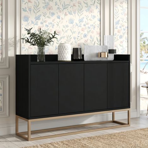 Buffet Bois avce 4 Portes Sans Poignée - Meuble de Rangement, Cadre Métal - Buffet Scandinave - Noir, 120x30x80 cm