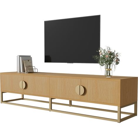 Meuble TV - Buffet moderne 4 portes en bois veiné - Poignées demi-lune - 180x40x40cm (1/5)