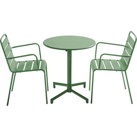 Ensemble table de jardin et 2 fauteuils en métal vert cactus - Palavas
