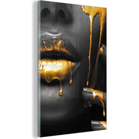 TABLEAU EN PLEXIGLAS Femme - Noir - Or - Visage - Lèvres Décoration Chambre 40x60 (1/5)
