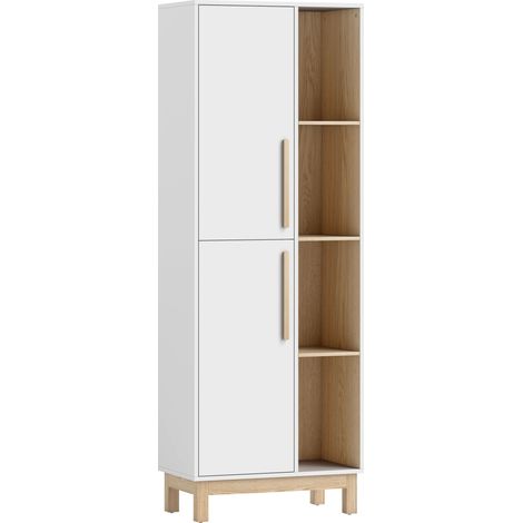 Meuble salle de bain avec rangement, 2 portes, 4 niches ouvertes et étagères ajustables, blanc et naturel (1/5)
