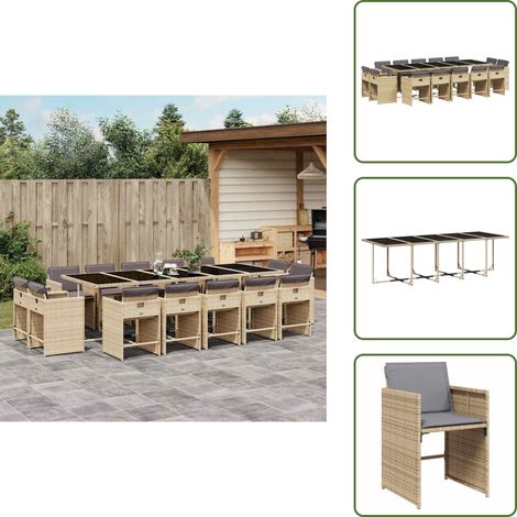 Mesa de jardín - vidaXL Set comedor de jardín con cojines 15 pzas ratán sintético beige - Ratán sintético