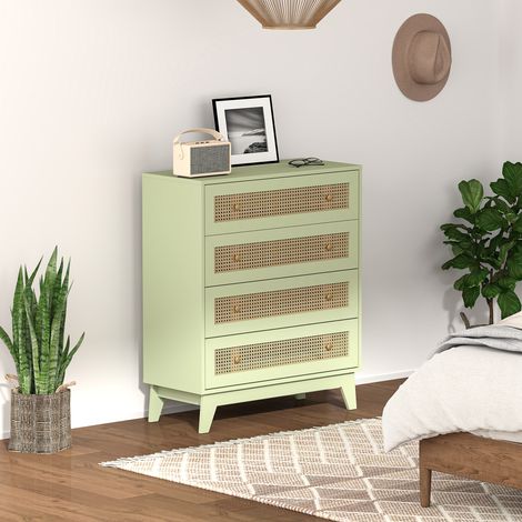 Commode à 4 tiroirs, meuble de rangement avec tubes en rotin et finition bois clair, 80 x 35 x 95 cm, verte (1/5)