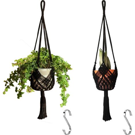 Hanging Planter with Patterns,2Packs Macrame Plant Hangers Indoor Macrame for up to 8 inch Pot Crochet Boho Plant Hanger Holder for Indoor Outdoor with 2S Shaped Stainless Steel Hooks (Black) (1/5)