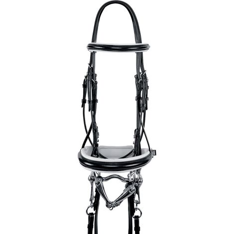Briglia dressage Nadège in cuoio con profilo bianco completa di doppie redini: COB, Nero