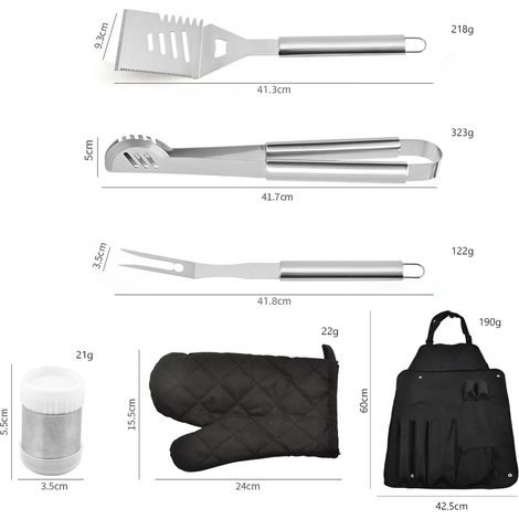 Ensemble de 8 ustensiles de barbecue en acier inoxydable avec sac de rangement, tablier et gants noirs pour barbecue, idéal pour les fêtes en extérieur et en intérieur, ainsi que pour le camping. (1/5)