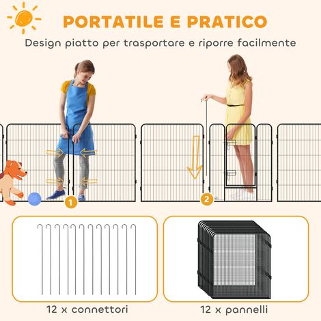 Parc modulaire pour chien à 12 panneaux, 80 x 100 cm, pliable, avec porte en acier et 12 piquets, gris (1/5)