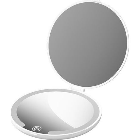 Specchio per il trucco a LED, bianco, 10 x 10,5 cm, 1 specchio pieghevole portatile con ribaltina, specchio da viaggio per ritocchi, specchio da viaggio ricaricabile mini (1/5)