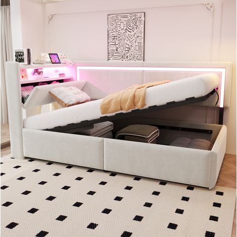 Sofá cama 90 x 200 cm con almacenaje, LED y puertos USB, terciopelo beige HAVRYA (1/5)