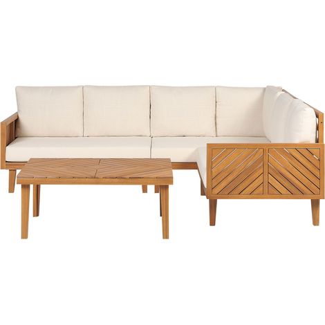 Set da giardino 4 posti con tavolino legno di acacia con cuscini beige chiaro Baratti (1/5)
