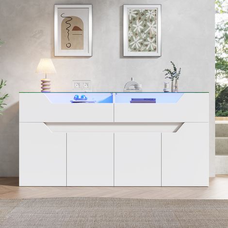 Buffet lumineux 140 x 40 x 70 cm - MDF blanc et verre trempé - 2 tiroirs, LED via appli (1/5)