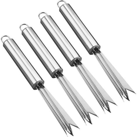 4 PCS Éplucheur d'ananas argenté, outil multifonction pour les yeux d'ananas, coupe yeux d'ananas en forme de V en acier inoxydable pour la maison et la cuisine (1/5)
