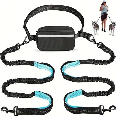 Laisse réglable mains libres pour chien, double poignée, corde élastique rétractable, clips métalliques robustes, noir bleu sarcelle, laisse durable pour chiens de taille moyenne et grande pour la (1/5)