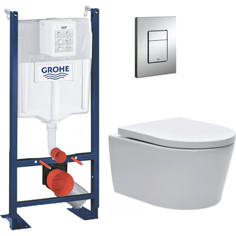 Pack WC Bâti-support autoportant GROHE + WC Swiss Aqua Technologies sans bride + Plaque chrome (ProjectSATrimless-1)