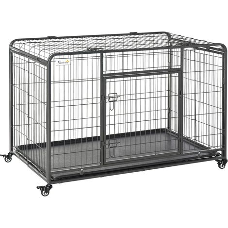 Faltbare Hundebox mit Doppeltür und Schloss, Hundebox mit 4 gebremsten Rollen und herausnehmbarem Boden, 125 x 76 x 81 cm, dunkelgrau
